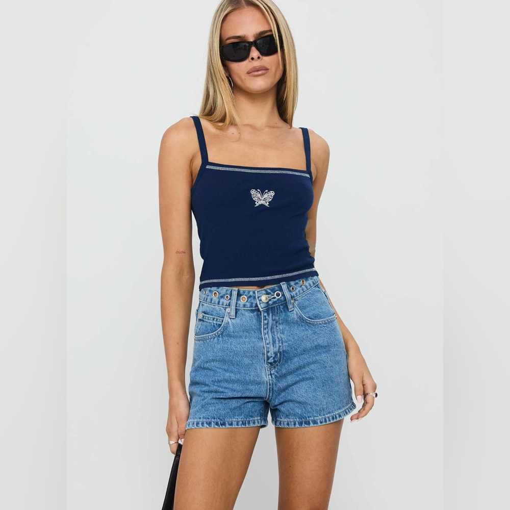 Princess‎ Polly Tropicana Denim Eyelet Detail Shorts Mid Blue NWT Size 2 - Picture 2 of 6
